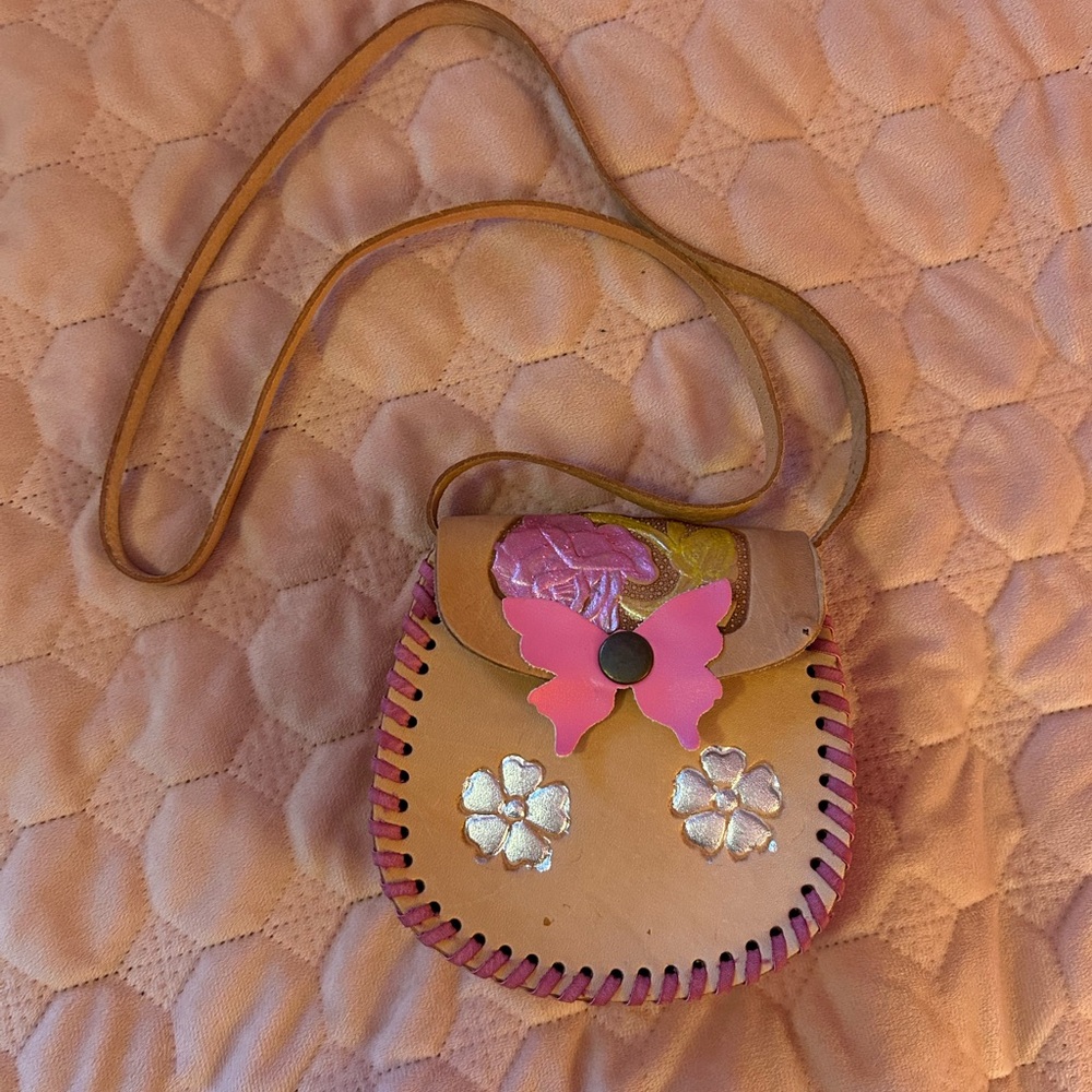 Pink and Tan Leather Crossbody Bag
